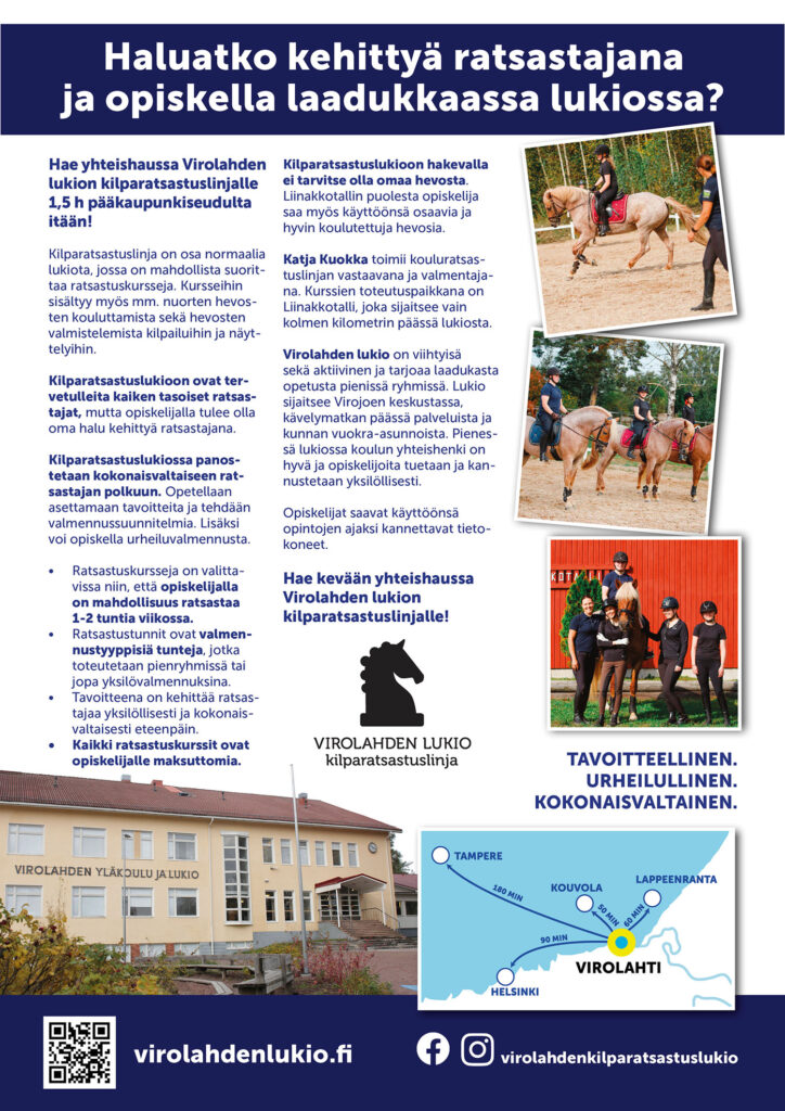 Virolahden lukion kilparatsastuslinjan flyer